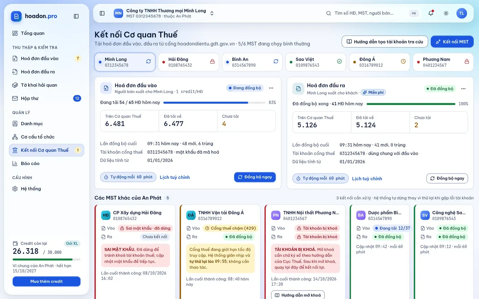 Thẻ kết nối của một MST với lịch tự động, Lịch tuỳ chỉnh và nút Đồng bộ ngay